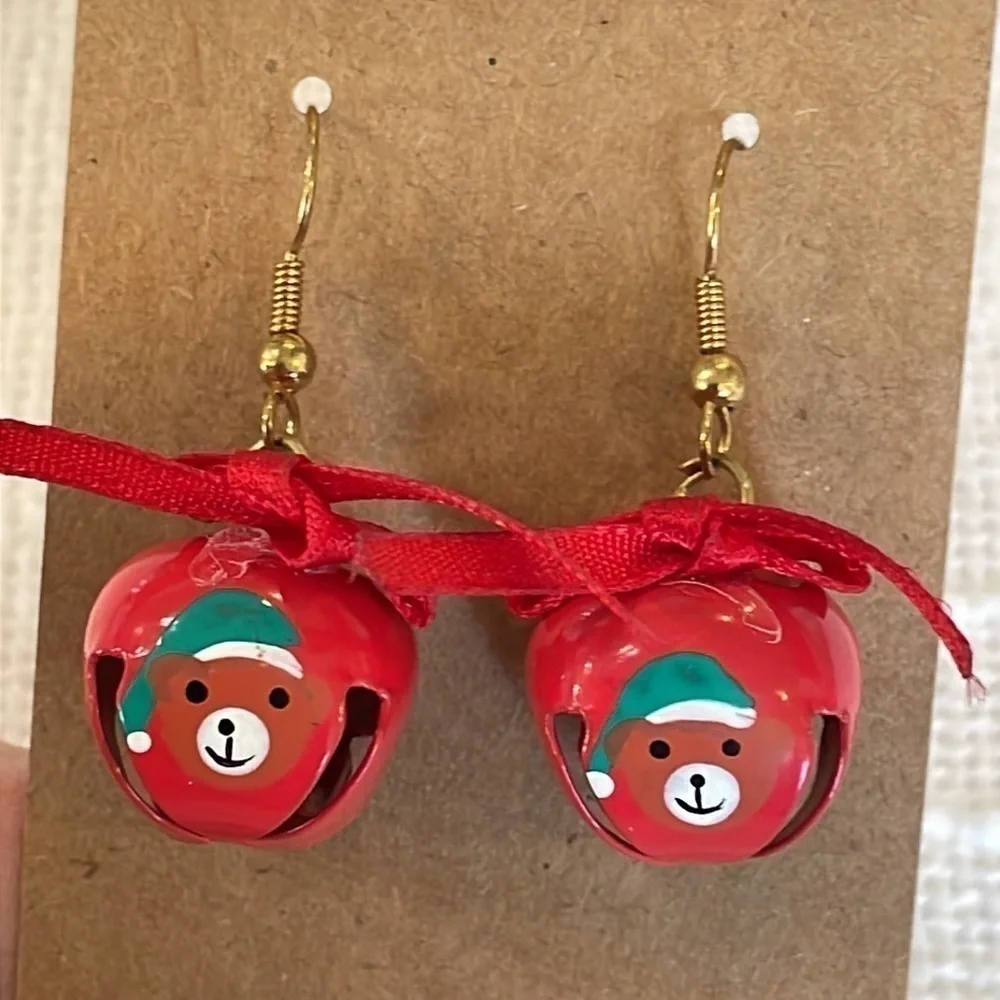💐5/25 Christmas bear red bow jingle bells earrings holiday novelty